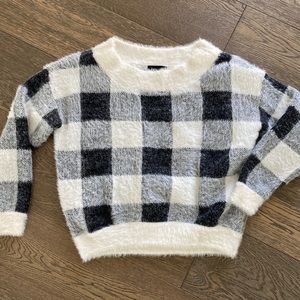 Black & white plaid fuzzy off the shoulder sweater
